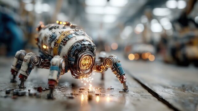 A futuristic mechanical spider robot in a industrial setting with sparks flying around