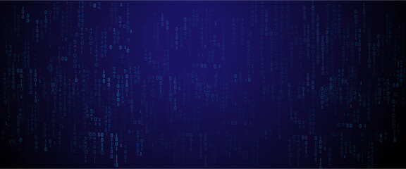 Vector blue glowing binary code rain background. Binary rain concept. Abstract digital Data Cyber security