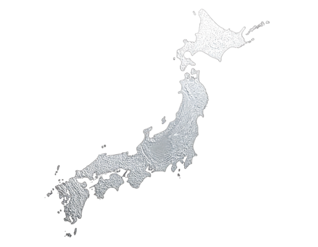 Textured silver outline of Japan against a stark black background. Map, stylized, textured, and monochromatic