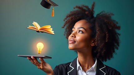 Confident young woman holding tablet with floating book, light bulb, and graduation cap, symbolizing education, creativity, and digital learning innovation.