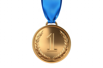 Golden first place medal with blue ribbon isolated on a transparent background