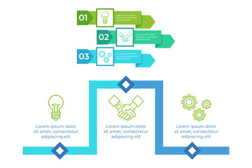 Infographic set visually presenting three process steps featuring icons of light bulbs, gears, and handshakes. Each step emphasizing distinct concepts and ideas in clear layout