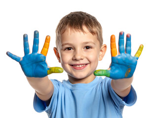 Smiling boy holds up colorful, paint-covered hands, showing joyful creativity against a dark background