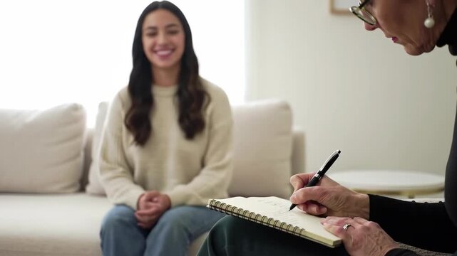 Smiling Brunette Woman in Beige Sweater Sits on Cream Couch in Counseling Session