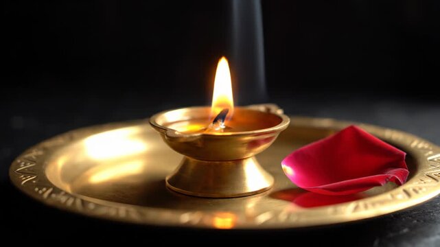 Traditional Oil Lamp and Rose Petal - Serene Still Life