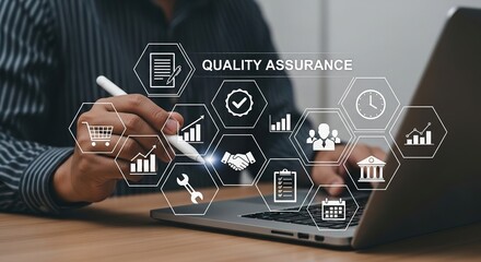 Professional analyzing quality assurance metrics with digital interface, ensuring business success and operational excellence for modern enterprises.