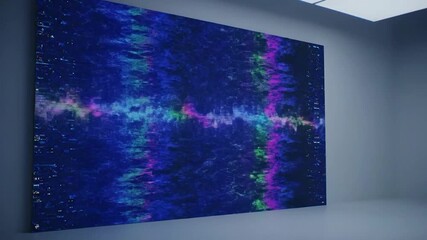 Large, abstract artwork with vibrant blues, greens, and pinks. Displays in a modern, minimalist gallery space - Powered by Adobe