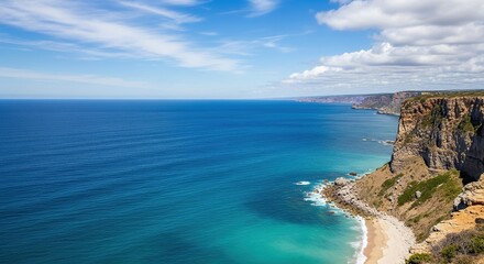 Stunning coastal cliffs meet vibrant turquoise ocean waters under a bright blue sky with fluffy clouds