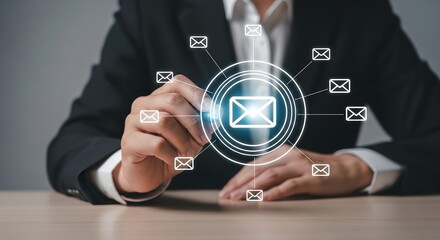 Professional interacting with digital email network, showcasing global communication and connectivity for modern business strategies.