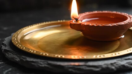 Earthen Diya Lamp Flame on Brass Plate, Festive Lighting - Powered by Adobe