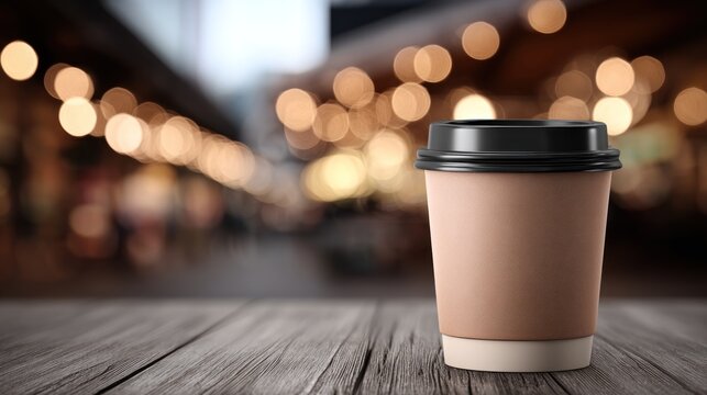 A single brown paper coffee cup with a black lid on a wooden table in a dimly lit cafe.