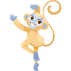 Cartoon Light Yellow Monkey With Blue Extremities Dancing Joyfully And Waving Hand With Transparent Background And Pixel Art Style