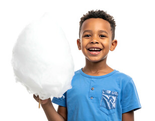 Smiling boy in blue shirt holds large fluffy white cotton candy against a black background