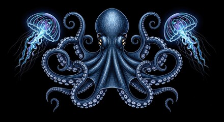 Mysterious deep sea octopus with glowing jellyfish creates an ethereal underwater fantasy scene