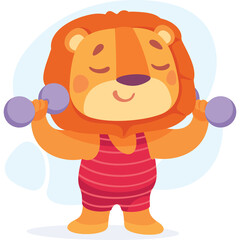 Cartoon Lion Character With Orange Mane And Red Striped Tank Top Lifting Dumbbells With Eyes Closed And Smiling With Soft Blue Background And Transparent Background