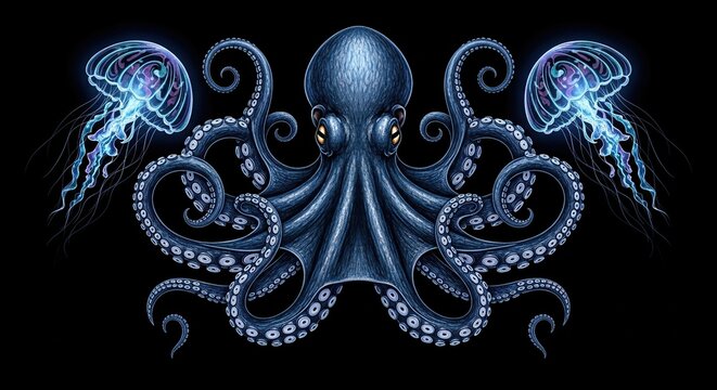 Mysterious deep sea octopus with glowing jellyfish creates an ethereal underwater fantasy scene