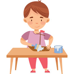 Young Boy Crafts a Wooden Ship Model with Paint and Brush on a Table indoors close up of focused expression and creative hobby activity during daylight lighting