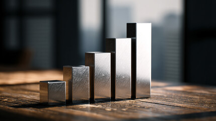 A bar graph rises as a sleek, shiny physical structure from a modern desktop, blending data visualization with tangible design. The scene symbolizes clarity, progress, and the fusion of technology wit