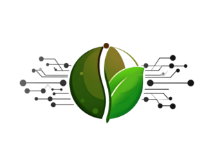 Sphere icon divided with a green leaf element and digital circuit patterns against a black background