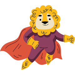 Cartoon Lion Superhero In Purple Suit And Red Cape Flying With Joyful Expression Against Transparent Background