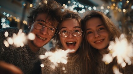 stylish young people celebrating New Year 2026 with sparklers, modern backdrop with silver and gold tones, cinematic lighting, minimal clean background.