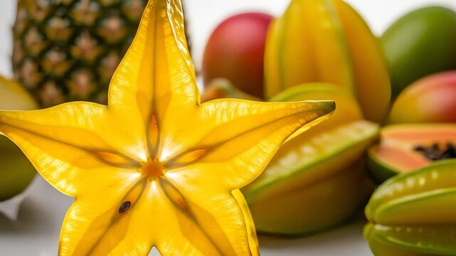A close-up view of a starfruit slice, with other exotic fruits blurred in the background
