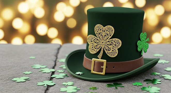 Festive green St. Patrick's Day hat adorned with golden filigree shamrock and scattered lucky clover confetti on textured surface with warm bokeh background