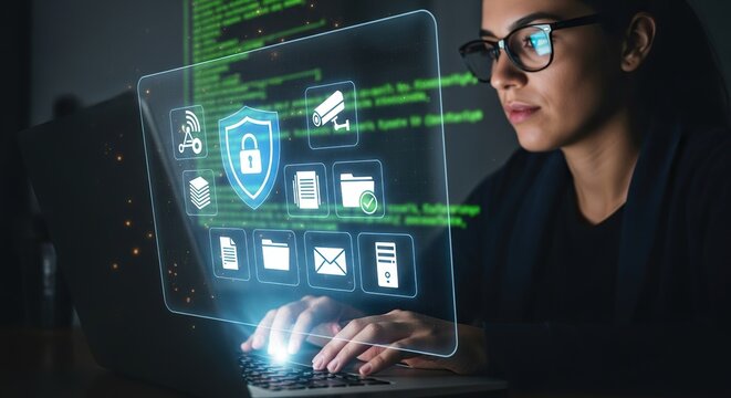 Professional woman using futuristic holographic interface for cybersecurity and data management, showcasing digital security icons and code