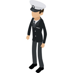 Cartoon Male Captain Character In A Dark Suit And White Hat Standing And Facing Forward In Isometric View Against A White Background