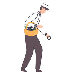 Cartoon Man Carrying Basket Full of Groceries and Vegetables in a White Background