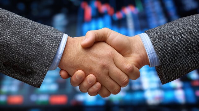 Two hands shaking in front of a blurred stock market display. - Powered by Adobe