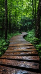 Fototapeta premium Wooden pathway winding through dense green forest scenery