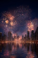 Spectacular fireworks light up the night sky over the modern city skyline, reflected on the water. Joyful New Year 2026 celebration. No text or logo.