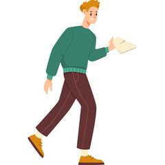 Cartoon Man Walking with Paper in Teal Sweater Maroon Pants and Yellow Shoes Isolated on White Background