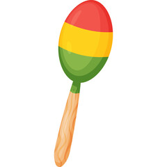 Cartoon Maraca With Red Yellow and Green Stripes On A Wooden Handle Isolated On A White Background