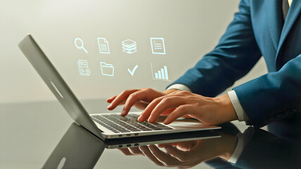 Modern business technology concept with a professional managing data, documents, and analytics through a virtual interface on a laptop