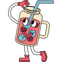 Cartoon Mason Jar Character with Pink Drink and Blue Ice Cubes with Straw and Red Shoes and Gloves and Cartoon Eyes and Smile
