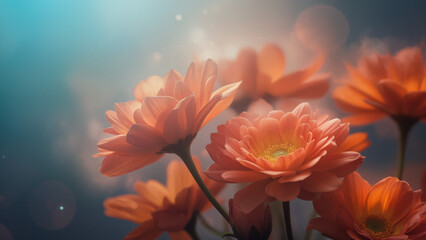 Dreamlike close-up of flowers, glowing edges, soft bokeh, vibrant warm colors against cool background, artistic photography style