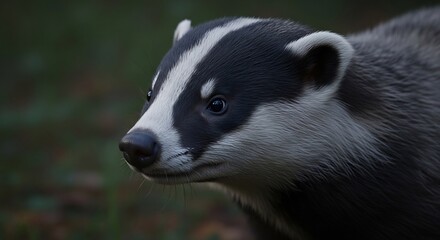 Close-up of a European badger, perfect for wildlife documentaries, nature publications, conservation campaigns, educational materials, and environmental awareness projects.