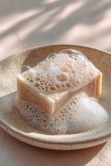 Handmade soap bar with bubbles and foam on ceramic plate, soft light, clean minimalist background, no brand or logo, macro.