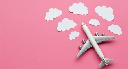 Whimsical white airplane soars through fluffy clouds against a vibrant pink backdrop, symbolizing dreams and adventure