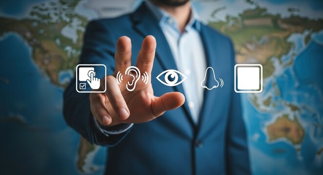 Professional businessman interacts with global sensory data icons on a blurred world map background, representing information and technology. - Powered by Adobe