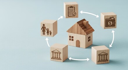 Fototapeta premium Visualizing the financial journey of homeownership, from family planning and bank approval to wallet and successful purchase.