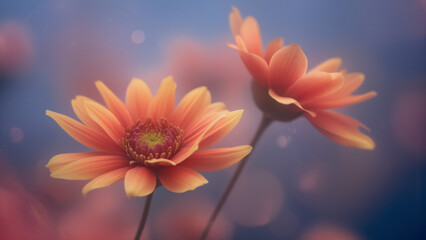 Dreamlike close-up of flowers, glowing edges, soft bokeh, vibrant warm colors against cool background, artistic photography style