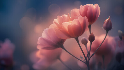 Painterly macro shot of flowers, ethereal glow, cinematic lighting, blurred textures, surreal atmosphere, fine art photography