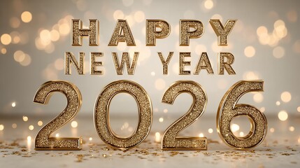 clean studio background with 3D metallic text Happy New Year 2026, golden confetti floating, soft spotlight from above, modern commercial layout.