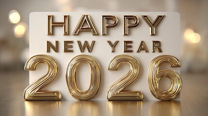 clean studio background with 3D metallic text Happy New Year 2026, golden confetti floating, soft spotlight from above, modern commercial layout.