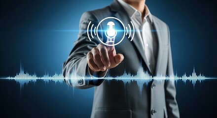 Professional businessman interacts with advanced voice recognition interface, visualizing audio waves and microphone icon for smart technology applications.