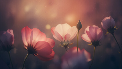 Painterly macro shot of flowers, ethereal glow, cinematic lighting, blurred textures, surreal atmosphere, fine art photography