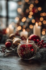 Christmas decorations, candles, pine branches, red and gold ornaments, soft bokeh lights, studio lighting.